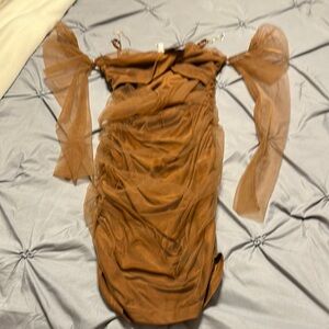 Brown Ruched Off-Shoulder Dress